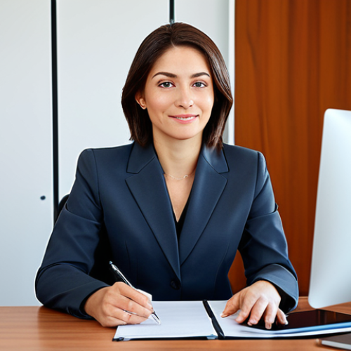 **

A professional businesswoman in a modest business suit, sitting at a desk in a modern office, fully clothed, appropriate attire, safe for work, perfect anatomy, natural proportions, professional photography, high quality.

**