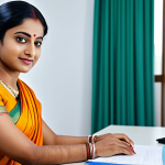 "A Bengali businesswoman in a modest saree, sitting at a desk in a bright, modern office, fully clothed, appropriate attire, safe for work, perfect anatomy, natural proportions, professional photography, high quality, family-friendly."