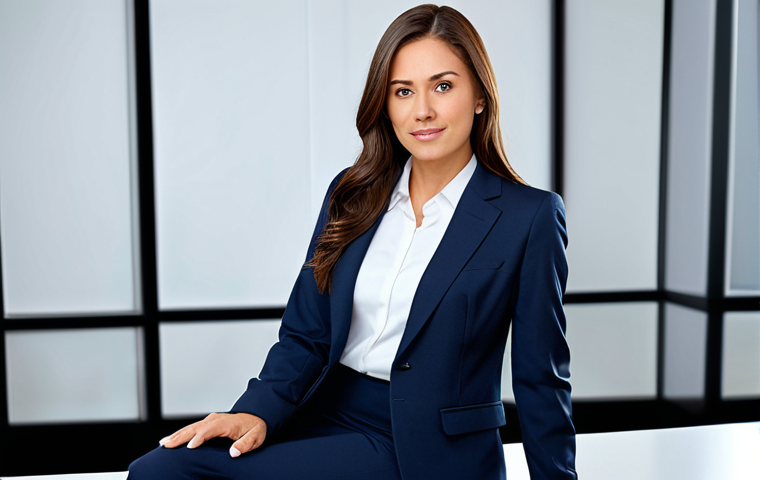 마이크로 니치 블로그 수익화 - A professional businesswoman in a modest business suit, sitting at a desk in a modern office, fully ...