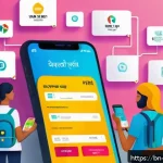 Home 21 앱 내 결제 수익 창출 - A vibrant digital illustration of a Bengali e-commerce mobile app interface showcasing an in-app pay...