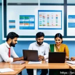 Home 18 마케팅 자동화 툴 활용 - A modern office scene showing a diverse Bengali business team using automated marketing tools on mul...