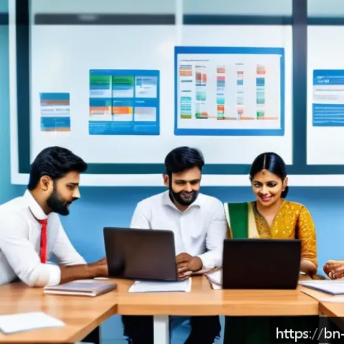 Home 30 마케팅 자동화 툴 활용 - A modern office scene showing a diverse Bengali business team using automated marketing tools on mul...