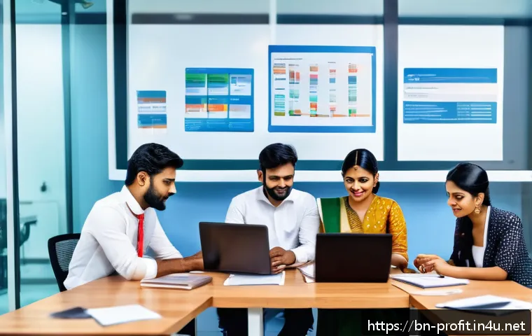마케팅 자동화 툴 활용 - A modern office scene showing a diverse Bengali business team using automated marketing tools on mul...